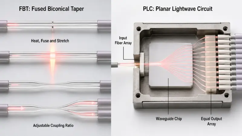 FBT and PLC optical splitter working principles with fused taper fibers and planar waveguide chip